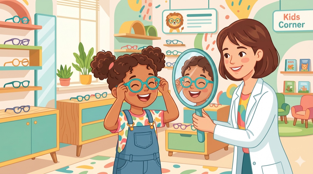 Criança escolhendo armação de óculos na ótica